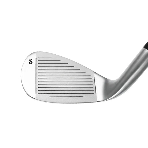 S-marked golf wedge with grooved clubface for spin control