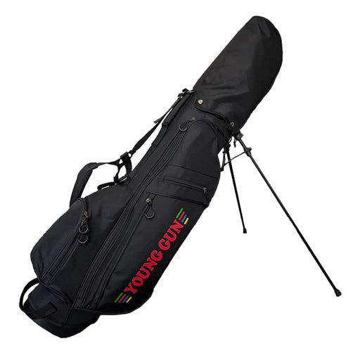 Black junior golf stand bag with hood and 'Young Gun' branding on a white background