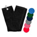 Black towel with a metal clip and color swatches on a white background