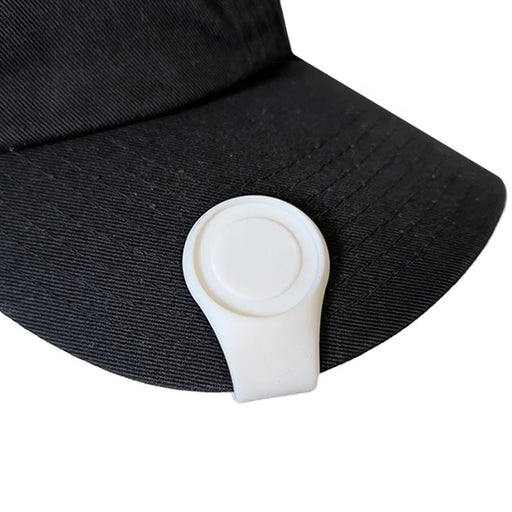 Black cap with a white clip on a white background