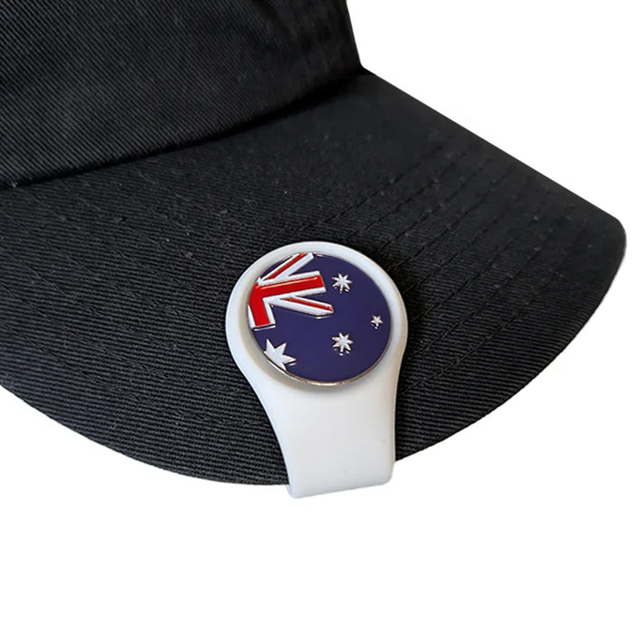 Black cap with a white silicone hat clip golf marker featuring the Australian flag on a white background