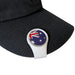 Black cap with a white silicone hat clip golf marker featuring the Australian flag on a white background