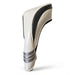 A a glossy off-white headcover, a prominent black side stripe, and three metallic silver bands near the base, set against a plain white background.