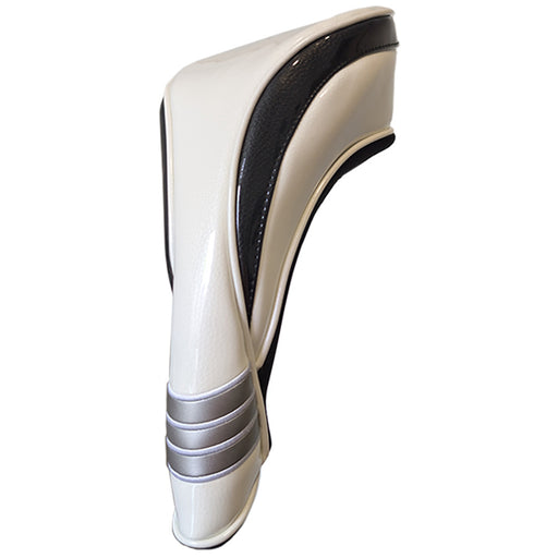 Golf club head cover with beige and black design on a white background