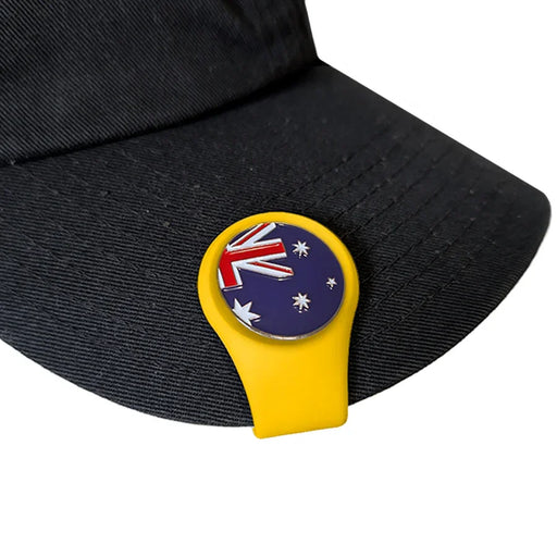 Yellow golf hat clip with Australian flag design on black cap