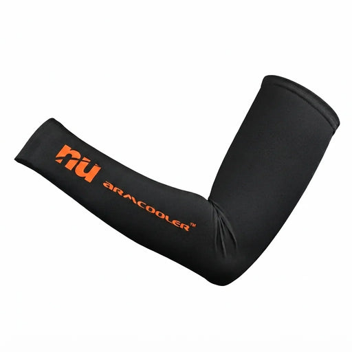 A black neoprene arm sleeve with orange 'nu' and 'ARMCOOOLER' branding, displayed on a clean white background.