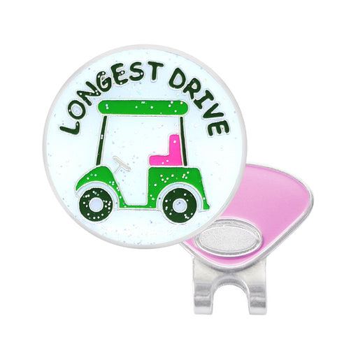 Golf ball marker with green golf cart and 'Longest Drive' text on a white background