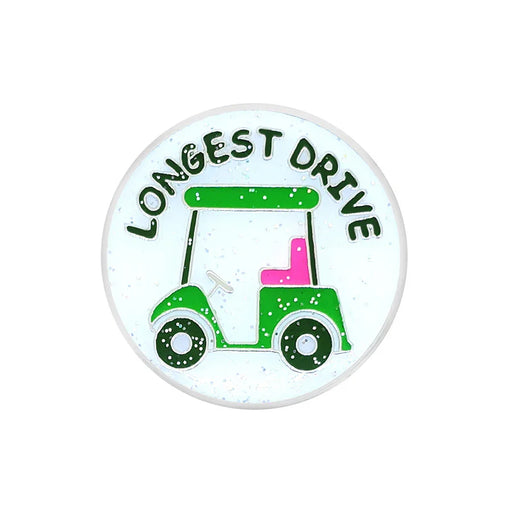 Navika golf marker green golf cart and 'LONGEST DRIVE' text on a white background