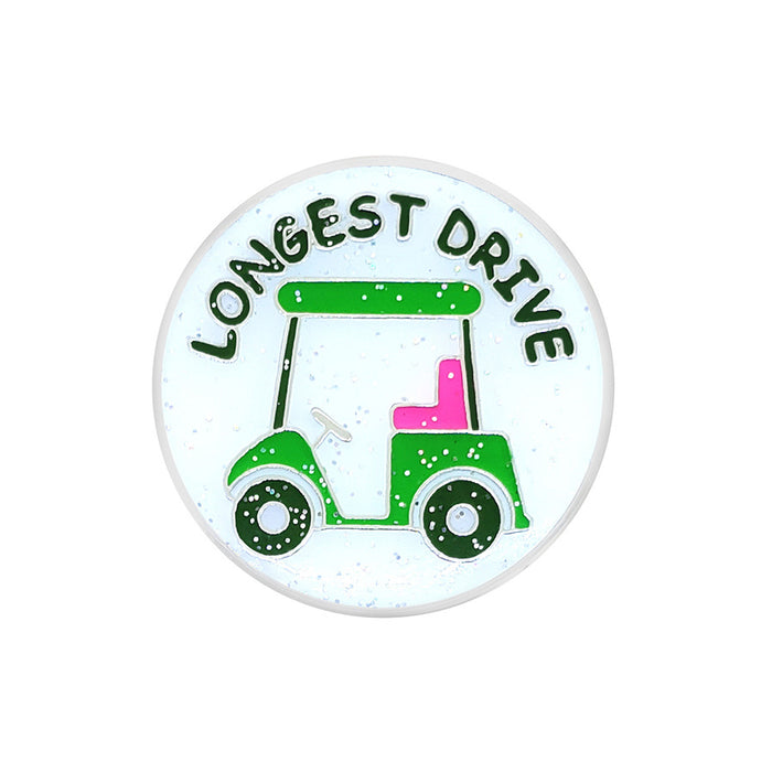 Button badge with green golf cart and 'LONGEST DRIVE' text on a white background