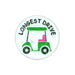 Button badge with green golf cart and 'LONGEST DRIVE' text on a white background