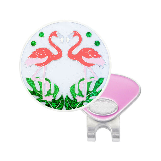 Flamingo-themed hat clip with a white background