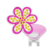 Flower-shaped magnetic clip with pink and yellow design on a white background
