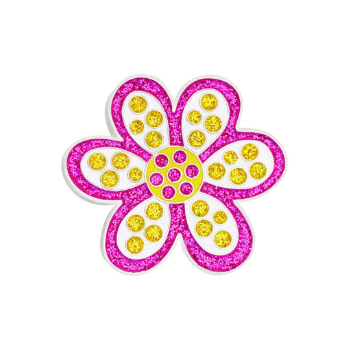 Flower-shaped Navika golf marker pink outline and yellow center on a white background
