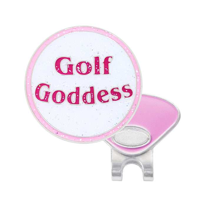 Pink and white golf ball marker with 'Golf Goddess' text on a white background