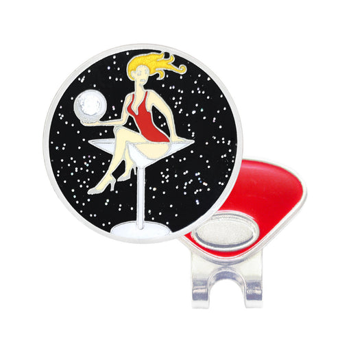 Product with a design of a woman in a red dress sitting on a stool, holding a globe, against a black background with white stars.