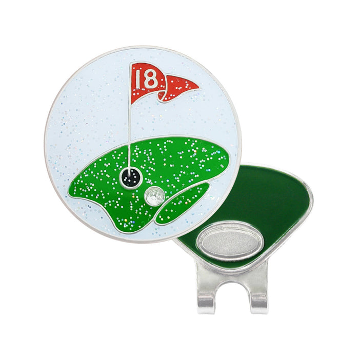 Golf-themed magnetic clip with a golf course design and number 18 on a white background