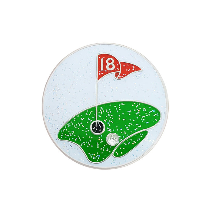 Golf-themed disc with a green putting green, white ball, and red flag with number 18 on a white background