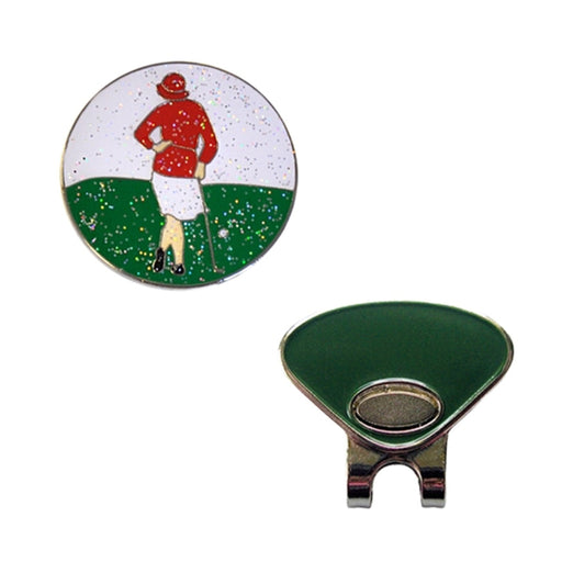 Golf-themed hat clip with a golf player design on a white background