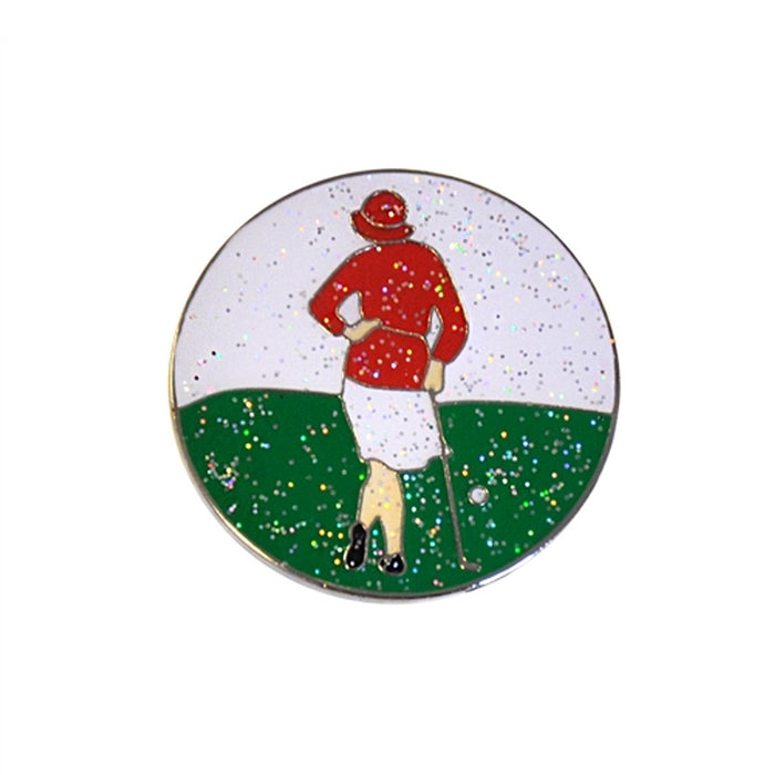 Golf ball with a golfer in a red jacket and white pants on a green and white background