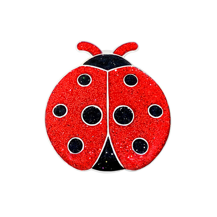 Red ladybug with black spots on a white background