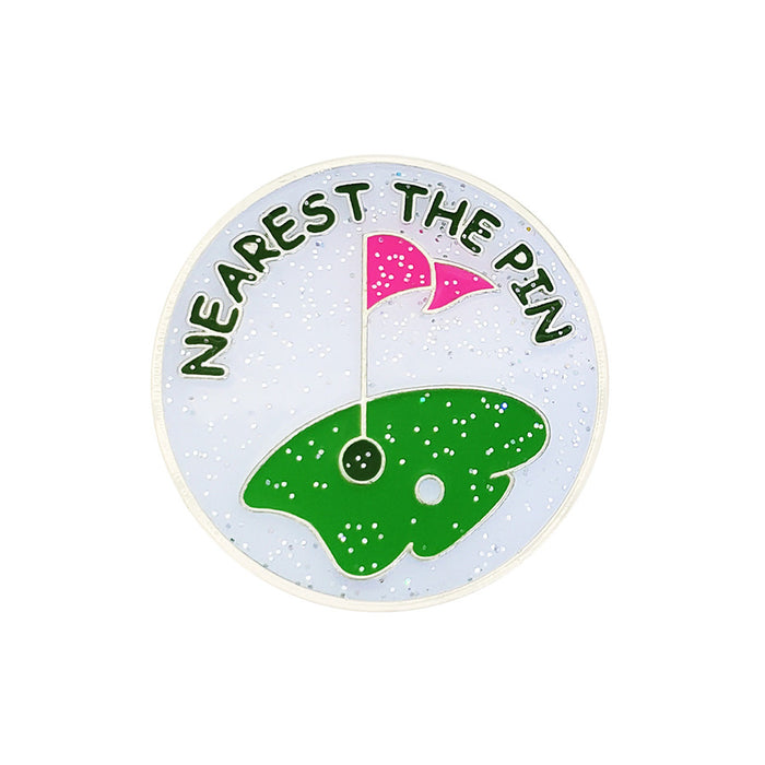 Circular sign with golf design and text 'Nearest The Pin' on a white background
