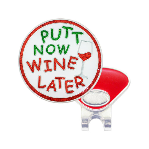 Golf ball marker with 'Putt Now Wine Later' text and a wine glass icon on a white background.