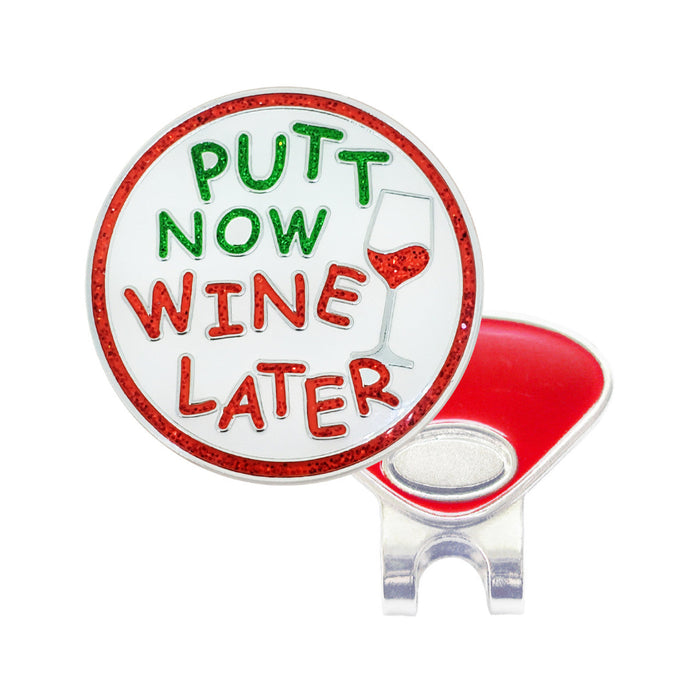 Golf ball marker with 'Putt Now Wine Later' text and a wine glass icon on a white background.