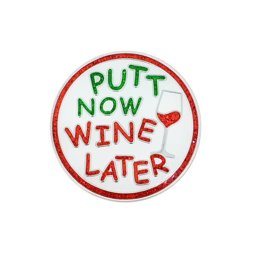 Navika golf marker with 'Putt Now Wine Later' text and a wine glass graphic on a white background