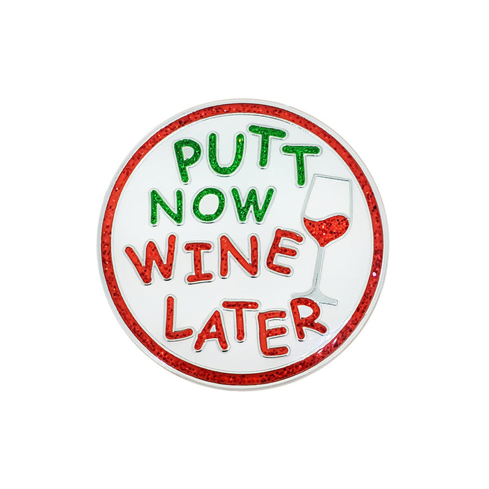 Round patch with 'Putt Now Wine Later' text and a wine glass graphic on a white background