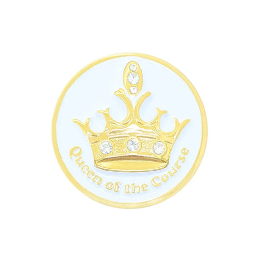 Gold crown Navika golf marker emblem with 'Queen of the Course' text on a light blue background