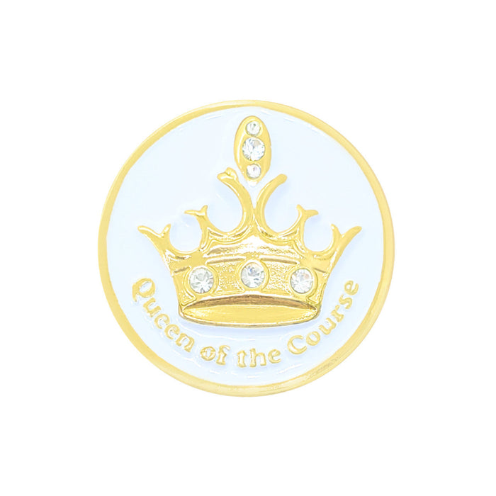 Gold crown emblem with 'Queen of the Course' text on a light blue background