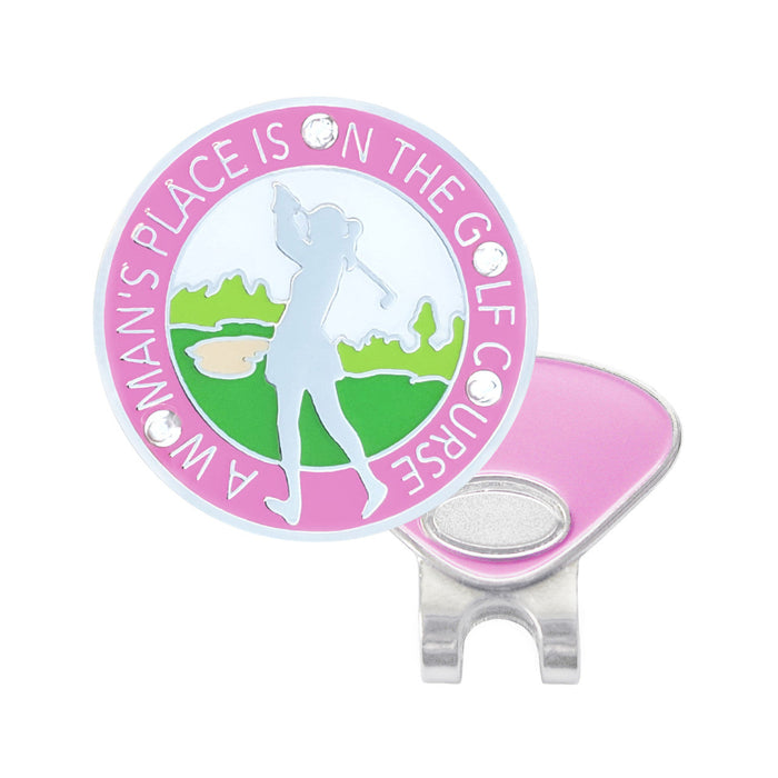 Golf ball marker with pink border and golf course design on a white background