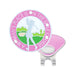 Golf ball marker with pink border and golf course design on a white background