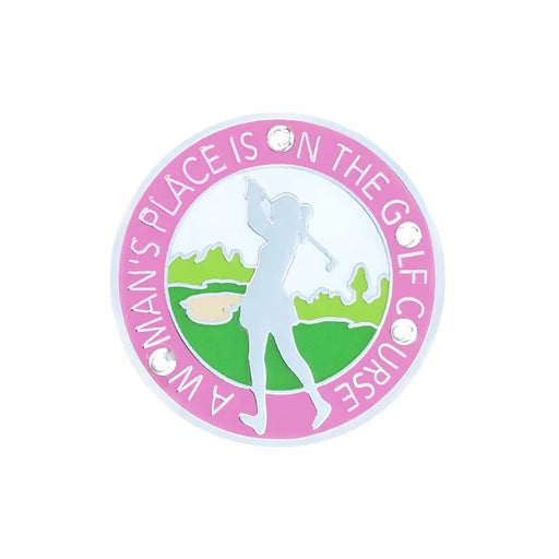 Navika golf marker with a silhouette of a woman playing golf, text 'A Woman's Place is on the Golf Course', and pink border.
