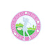 Circular badge with a silhouette of a woman playing golf, text 'A Woman's Place is on the Golf Course', and pink border.