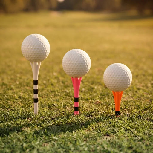 Three golf balls on colored tees standing in a grassy field at sunset. The tees are white with black stripes on the left, pink in the center, and orange on the right.