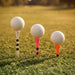 Three golf balls on colored tees standing in a grassy field at sunset. The tees are white with black stripes on the left, pink in the center, and orange on the right.