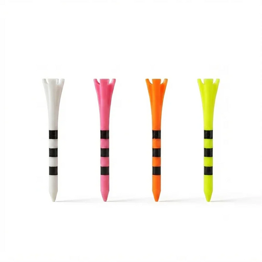 Four plastic golf tees in white, pink, orange, and neon yellow, each featuring black horizontal stripes, arranged in a row on a white background.