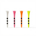 Four plastic golf tees in white, pink, orange, and neon yellow, each featuring black horizontal stripes, arranged in a row on a white background.