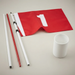 A red flag with a white number 1 on a white pole, shown with additional white and red poles and a white cup on a light beige background.