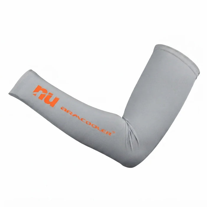 A light gray arm sleeve with an orange 'nu ARMCOOLER' logo printed on the front, displayed on a clean white background.