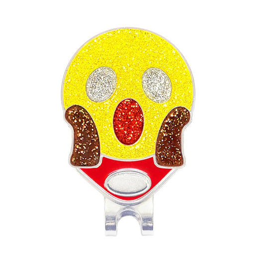 Emoji-shaped yellow object with a red oval and brown accents on a white background