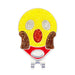 Emoji-shaped yellow object with a red oval and brown accents on a white background