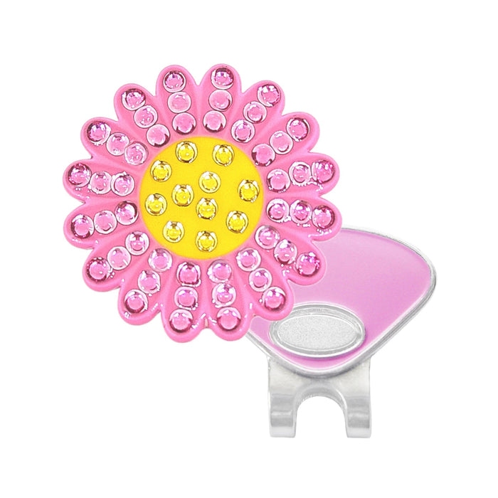A sunflower hat clip a bright yellow center, pink swarovski petals, and a pink/silver metal clip, shown on a plain white background