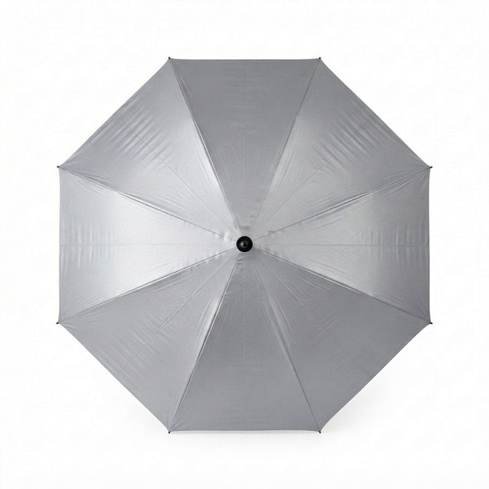 A silver metallic folding umbrella shown from a top-down view, open against a solid white background.