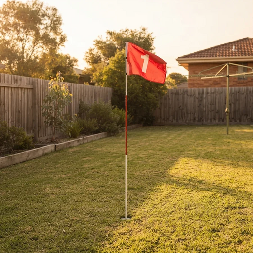 A red golf flag with a white number 1 stands in a grassy backyard at sunset, with a wooden fence, trees, and part of a house visible in the background.