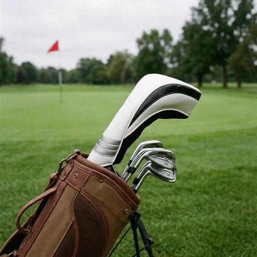 Golf club head cover with cream, silver and black design in a golf bag on a golf course with a flag in the background