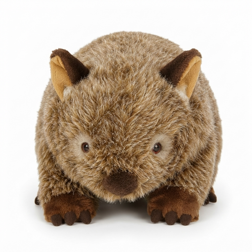 A plush wombat headcover with brown and beige fur, dark brown paws and nose, and light tan inner ears, photographed on a plain white background.