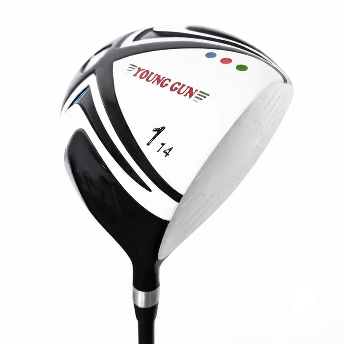 A YOUNG GUN golf driver club head and part of the shaft, shown on a clean white background. The club features a white and black design with red, blue, and green accents, and the model number 14.