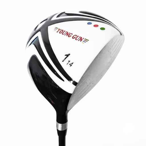 A YOUNG GUN golf driver club head on a white background, featuring a white and black design with red, blue, and green accents, and the degrees at 14.
